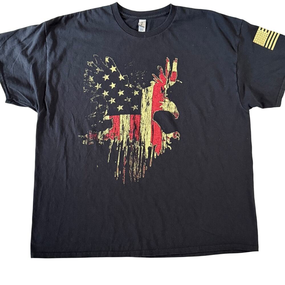 Gildan 2XL Black Distressed American Flag Eagle Patriotic Men's T-Shirt